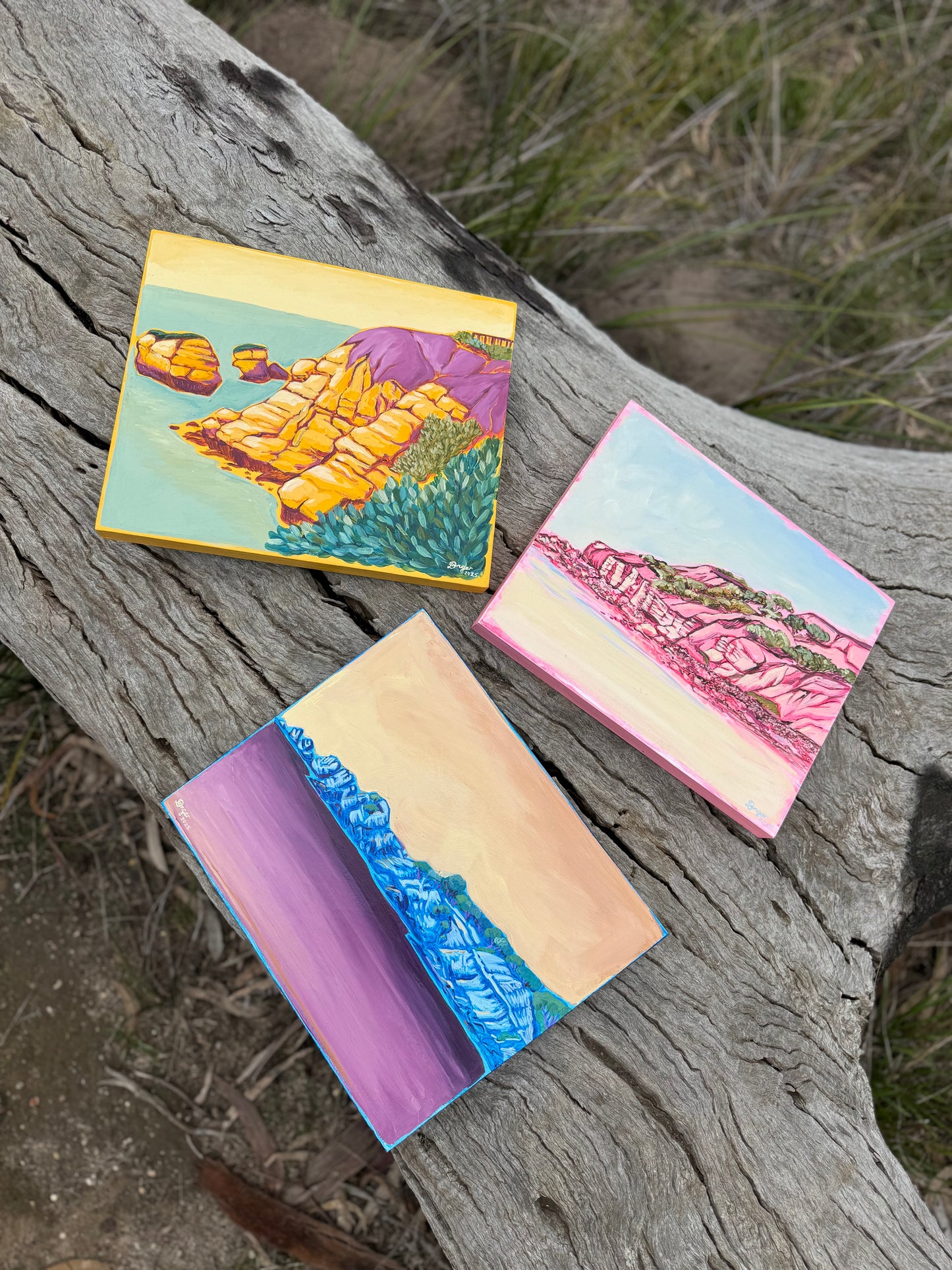 3 surf coast artworks paintings on board in colour. Displayed in a collection. Featuring Rocky Point, Point Addis and Point Roadknight.