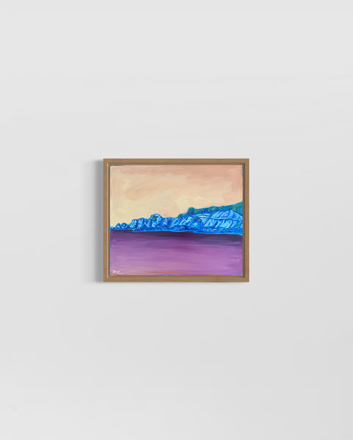 Anglesea - Point Roadknight in Blue artwork framed in raw oak, mixed media on board created by artist Lauren Danger. Artwork displayed on a white wall