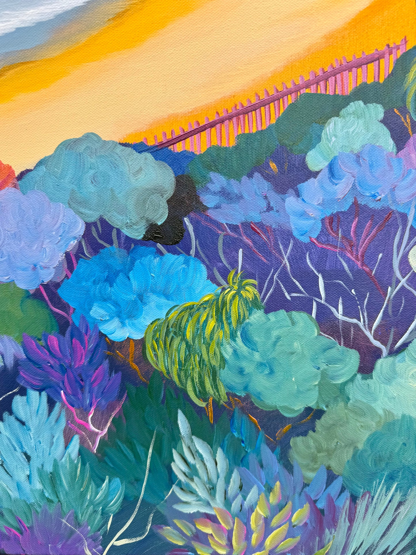 Close up of Anglesea - Point Roadknight at Sunrise painting artwork. Colourful trees and bushes with bright yellow sand.
