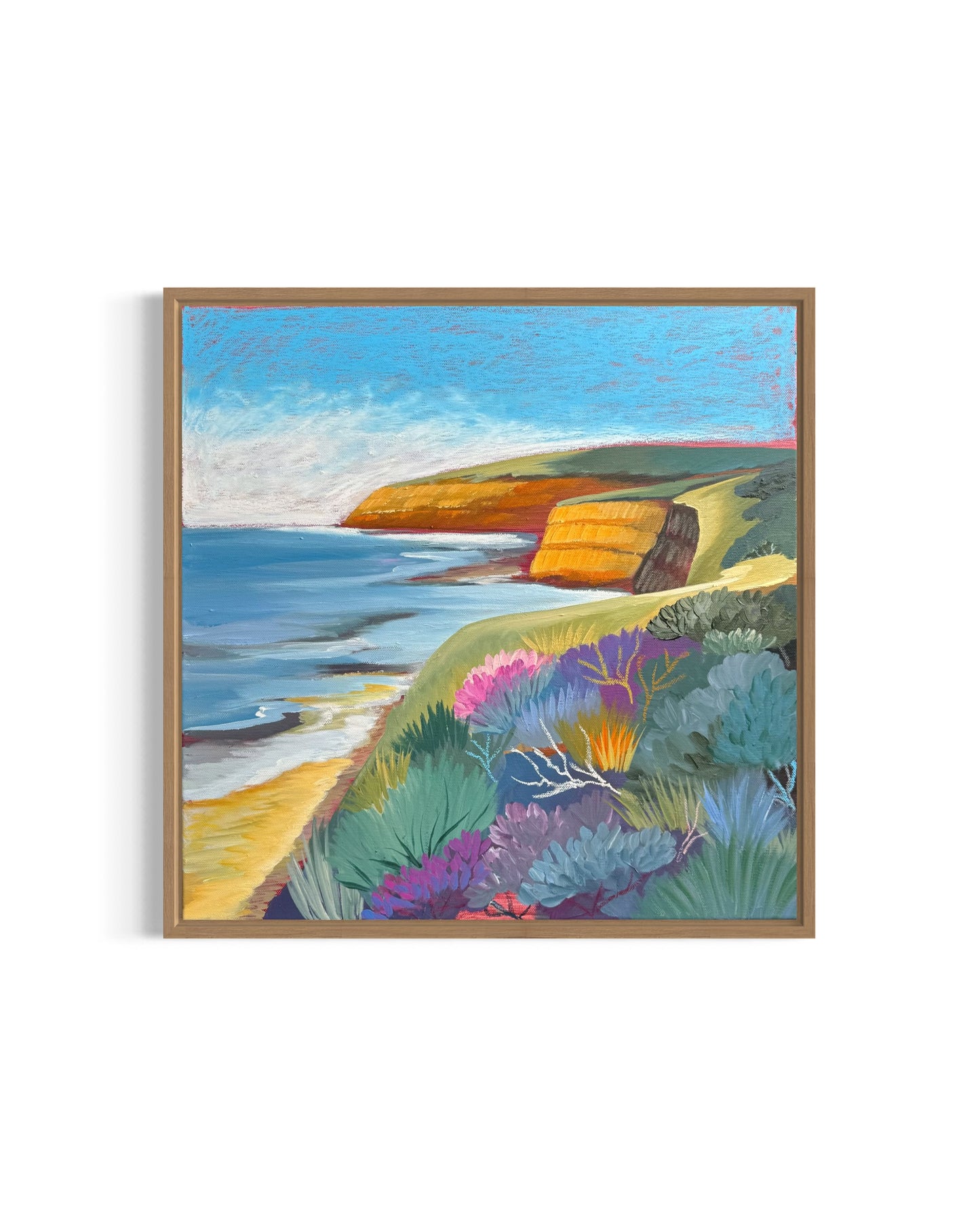 Jan Juc at Day by Lauren Danger, a colourful seascape original painting inspired by the Surf Coast location of Jan Juc near Torquay, Victoria, Australia. Painting is framed in raw oak on a white background for scale.
