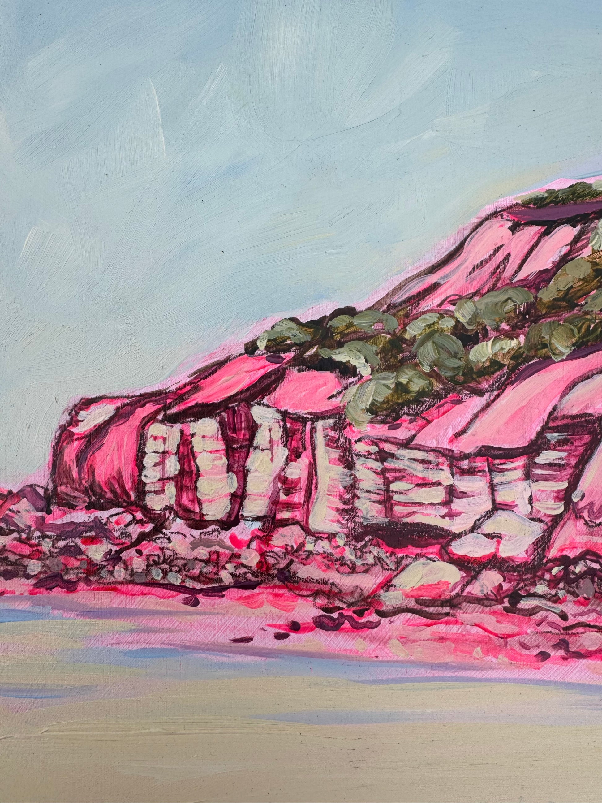 Detail image of Point Addis in Pink artwork on board.  Sitting on a log in a bush setting.  Artwork inspired by Surf Coast, Great Ocean Road, Victoria, Australia.