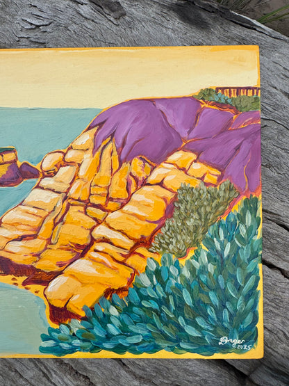Detail image of  Torquay Rocky Point in Yellow artwork on board.  Sitting on a log in a bush setting.  Artwork inspired by Surf Coast, Great Ocean Road, Victoria, Australia.