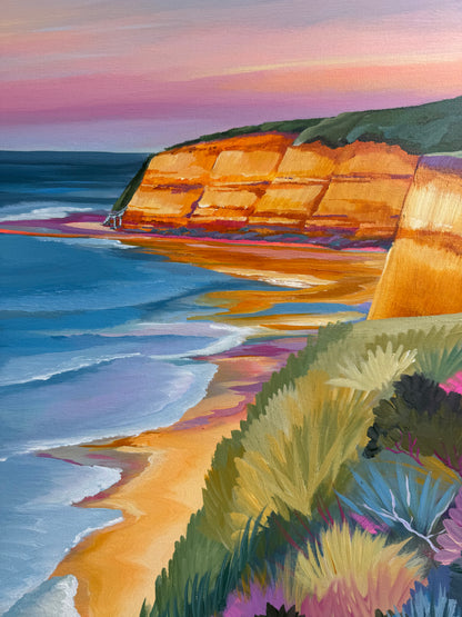 A close up of the colourful artwork Jan Juc at Sunrise by Lauren Danger.  The image has vibrant colours of the cliff in Jan Juc in acrylic.