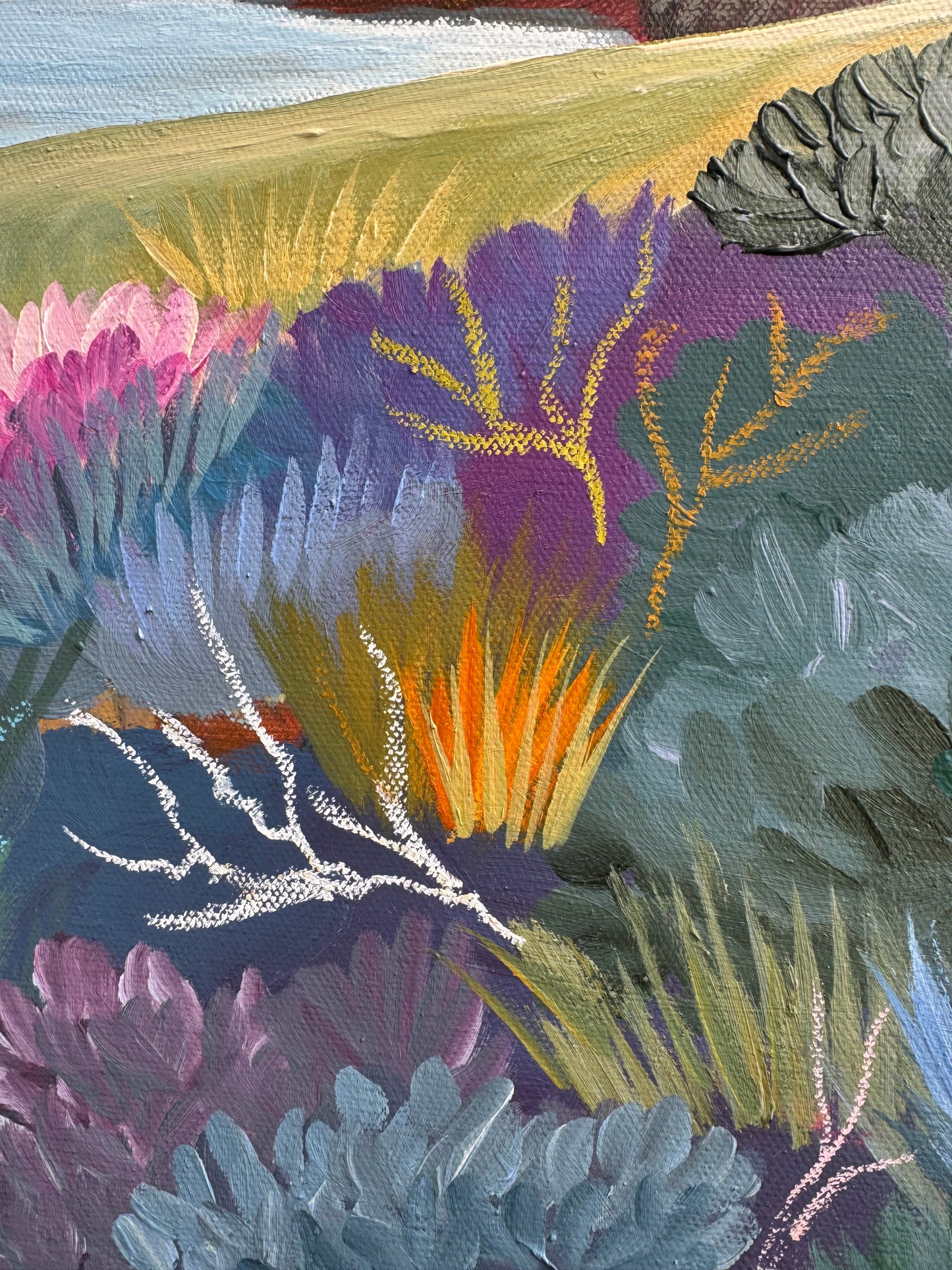 A close up of the colourful artwork Jan Juc at Day by Lauren Danger.  The image has vibrant colours of the  vegetation in Jan Juc in acrylic and pastel.
