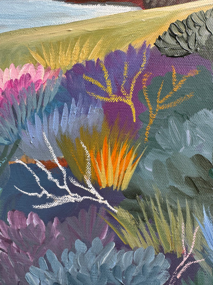 A close up of the colourful artwork Jan Juc at Day by Lauren Danger.  The image has vibrant colours of the  vegetation in Jan Juc in acrylic and pastel.