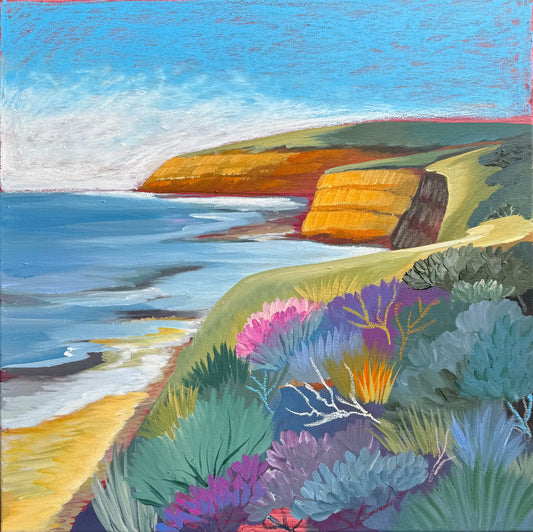 Jan Juc at Day by Lauren Danger, a colourful seascape original painting inspired by the Surf Coast location of Jan Juc near Torquay, Victoria, Australia. 