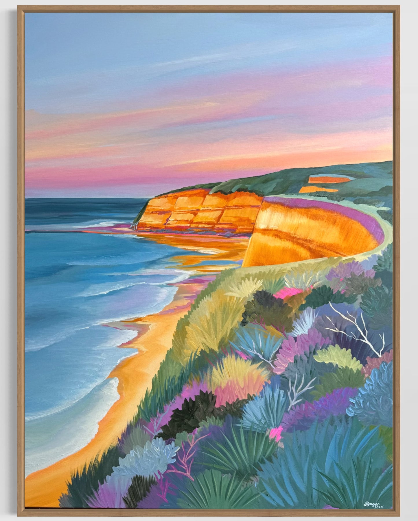 Jan Juc at Sunrise by Lauren Danger, a colourful seascape original painting inspired by the Surf Coast location of Jan Juc near Torquay, Victoria, Australia. 