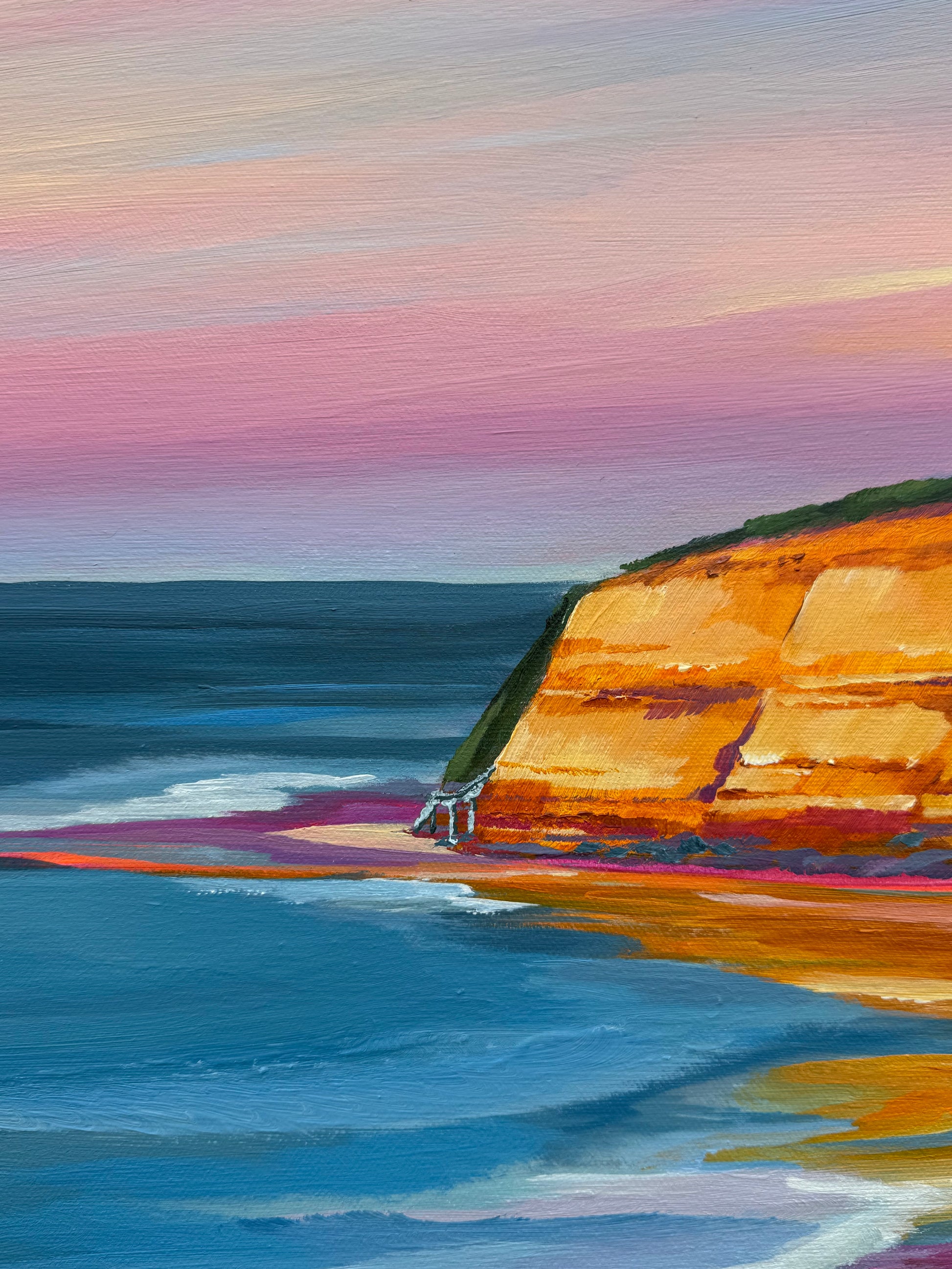 A colourful close up of the original painting of Jan Juc at Sunrise.  Image has part of the cliff face at Steps in Jan Juc.