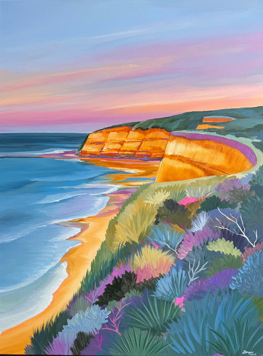 Jan Juc at sunrise, a colourful seascape original painting inspired by the Surf Coast location of Jan Juc near Torquay, Victoria, Australia.