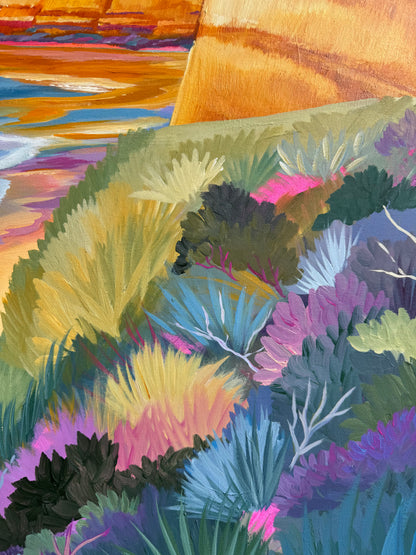 A colourful close up of the original painting of Jan Juc at Sunrise.  Image has shrubs, trees and grass of the coastline in a range of bright colours.